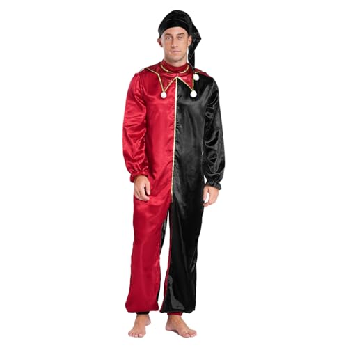 ranrann Zirkus Clown Kostüm Herren Halloween Fasching Karneval Kostüm Overall Einteiler Jumpsuit Farbblock mit Hut Mütze Mottoparty Verkleidung Schwarz 3XL von ranrann