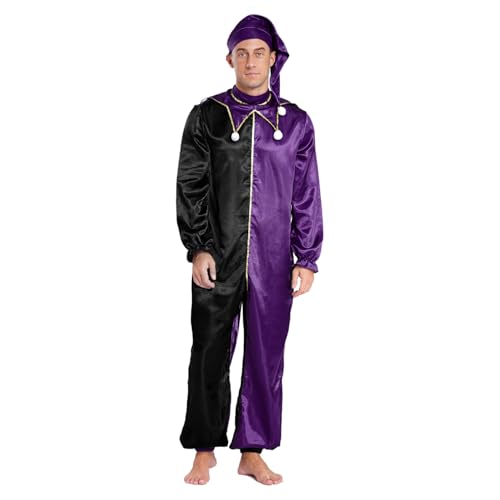 ranrann Zirkus Clown Kostüm Herren Halloween Fasching Karneval Kostüm Overall Einteiler Jumpsuit Farbblock mit Hut Mütze Mottoparty Verkleidung Violett 3XL von ranrann