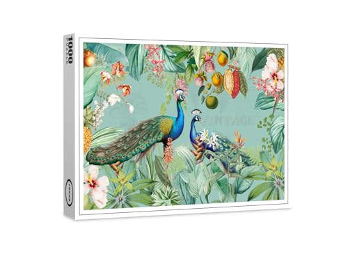 raxxa Premium-Puzzle | Leuchtende Pfauen im exotischen Blüten und Früchte Dschungel | 1000 Teile von raxxa