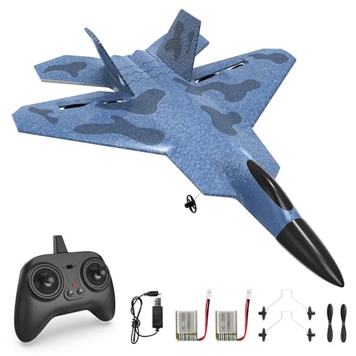 rc tech Ferngesteuertes Flugzeug 2CH, RC Flugzeug F-22 mit 2 AKKU 30MINS Laufzeit, RC Kämpfer Spielzeug mit 6 Axis Gyro System für Anfänger Kinder Erwachsene von rc tech