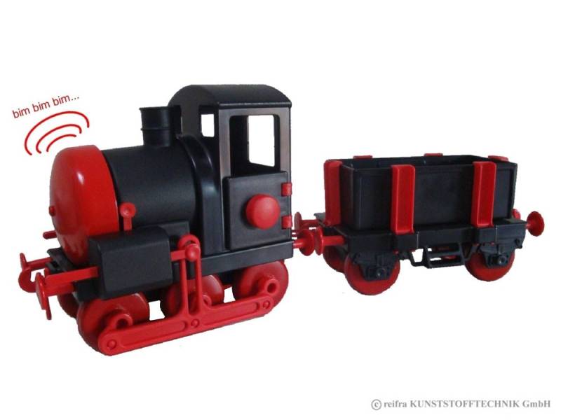 Kindereisenbahn schwarz / rot (Lok + Waggon) von reifra