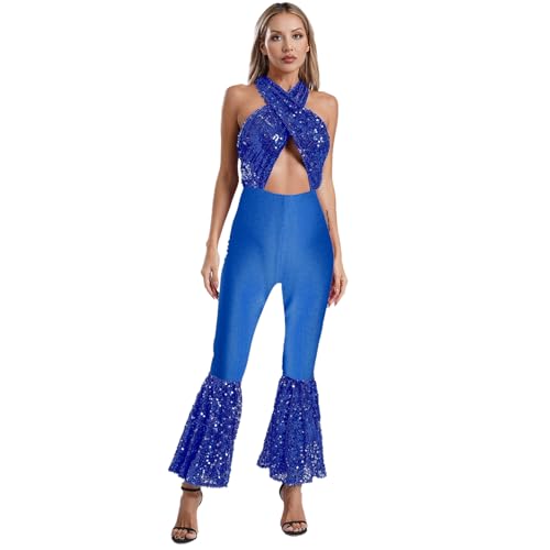 renvena Damen 70er Jahre Disco Kostüm Glitzer Overall Jumpsuit Ärmellos Einteiler Bodysuit mit Schlaghose Vintage Mottoparty Silvester Kostüm Blau 3XL von renvena