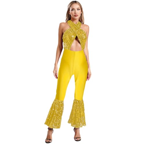 renvena Damen 70er Jahre Disco Kostüm Glitzer Overall Jumpsuit Ärmellos Einteiler Bodysuit mit Schlaghose Vintage Mottoparty Silvester Kostüm Gold 3XL von renvena