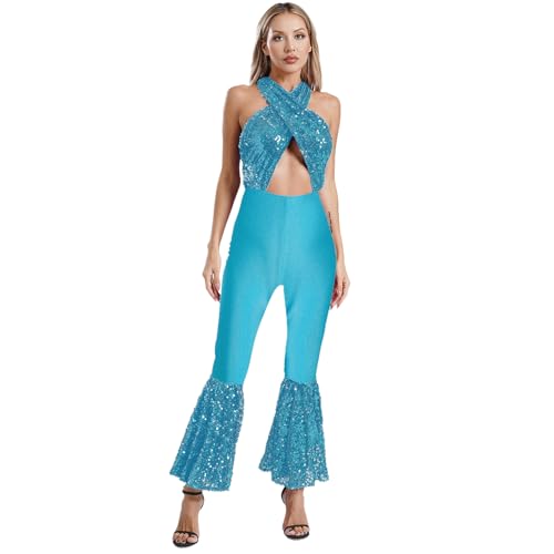 renvena Damen 70er Jahre Disco Kostüm Glitzer Overall Jumpsuit Ärmellos Einteiler Bodysuit mit Schlaghose Vintage Mottoparty Silvester Kostüm Hellblau 3XL von renvena