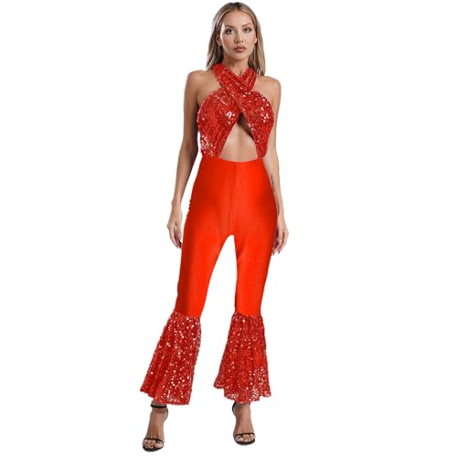 renvena Damen 70er Jahre Disco Kostüm Glitzer Overall Jumpsuit Ärmellos Einteiler Bodysuit mit Schlaghose Vintage Mottoparty Silvester Kostüm Rot 3XL von renvena