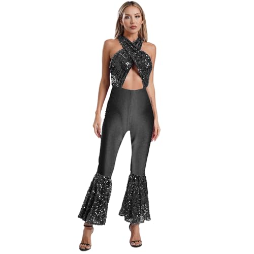 renvena Damen 70er Jahre Disco Kostüm Glitzer Overall Jumpsuit Ärmellos Einteiler Bodysuit mit Schlaghose Vintage Mottoparty Silvester Kostüm Schwarz 3XL von renvena