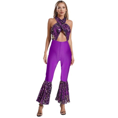 renvena Damen 70er Jahre Disco Kostüm Glitzer Overall Jumpsuit Ärmellos Einteiler Bodysuit mit Schlaghose Vintage Mottoparty Silvester Kostüm Violett 3XL von renvena