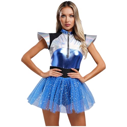 renvena Damen Astronauten Kostüm Halloween Fasching Rollenspiel Kostüm Space Girl Outfit Metallic Minikleid mit Tutu Rock Blau 4XL von renvena