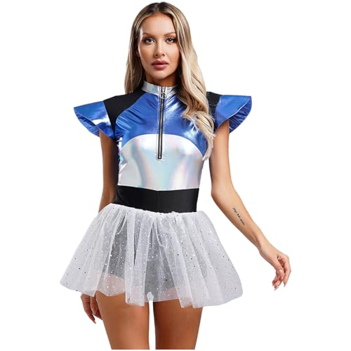 renvena Damen Astronauten Kostüm Halloween Fasching Rollenspiel Kostüm Space Girl Outfit Metallic Minikleid mit Tutu Rock Silber XL von renvena