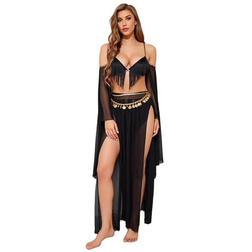 renvena Damen Bauchtanz Outfit Tanz Top BH mit Quasten Lange Rock Taillenkette Ärmeln Höschen Halloween Fasching Rollenspiel Kostüm Schwarz L renvena Damen Bauchtanz Outfit Tanz Top BH mit Quasten Lange Rock Taillenkette Ärmeln Höschen Halloween Fasching Rollenspiel Kostüm Schwarz L von renvena
