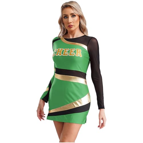 renvena Damen Cheer Leader Kleid Langarm Minikleid Eng Tanzkleid Figurbetontes Kleid Halloween Karneval Cheerleading Outfit Grün L von renvena