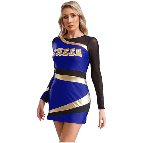 renvena Damen Cheer Leader Kleid Langarm Minikleid Eng Tanzkleid Figurbetontes Kleid Halloween Karneval Cheerleading Outfit Königsblau M von renvena