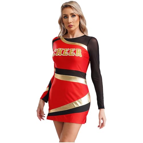 renvena Damen Cheer Leader Kleid Langarm Minikleid Eng Tanzkleid Figurbetontes Kleid Halloween Karneval Cheerleading Outfit Rot M von renvena