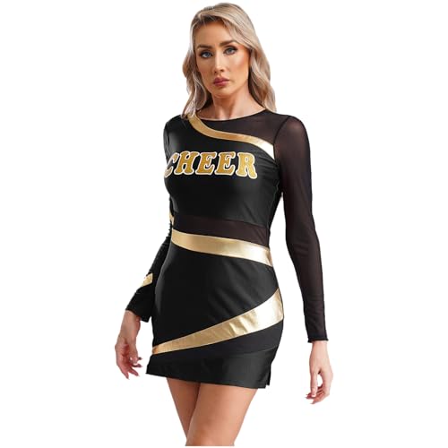 renvena Damen Cheer Leader Kleid Langarm Minikleid Eng Tanzkleid Figurbetontes Kleid Halloween Karneval Cheerleading Outfit Schwarz L von renvena