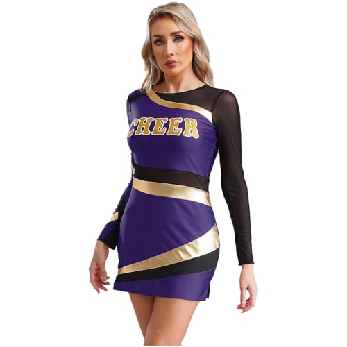 renvena Damen Cheer Leader Kleid Langarm Minikleid Eng Tanzkleid Figurbetontes Kleid Halloween Karneval Cheerleading Outfit Violett XXL von renvena