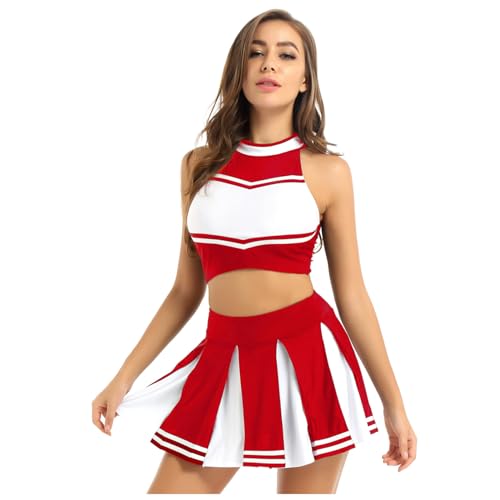 renvena Damen Cheer leader Kostüm Cheerleading Cosplay Uniform Ärmellos Bauchfrei Oberteil mit Minirock Faltenrock Karneval Fasching Party Tanz Kostüme B Rot XL von renvena