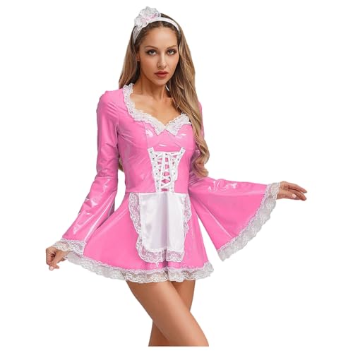 renvena Damen Dienstmädchen Kleid Lack Leder Minikleid Langarm A-Linie Kleid mit Ausgestellten Ärmeln Haarschmuck Maid Uniform Kostüm Rosa L von renvena