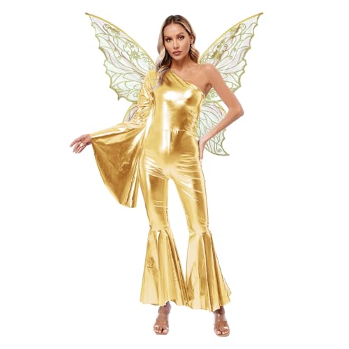 renvena Damen Feen Kostüm Schmetterling Kostüm Glänzend Bodysuit Einteiler Overall Rollenspiel Kostüm Gold 3XL von renvena