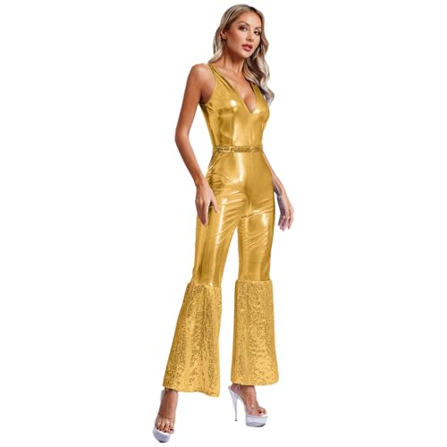 renvena Damen Glänzend Disco Anzug Outfit Tanzkostüm Ärmells Jumpsuit Overall Einteiler Hosenanzug mit V-Ausschnitt Schlaghose Mottoparty Kostüm Gold 3XL von renvena