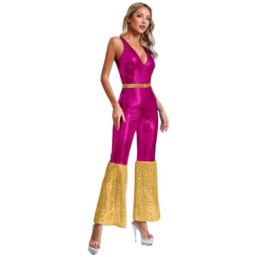 renvena Damen Glänzend Disco Anzug Outfit Tanzkostüm Ärmells Jumpsuit Overall Einteiler Hosenanzug mit V-Ausschnitt Schlaghose Mottoparty Kostüm Hot Pink M von renvena