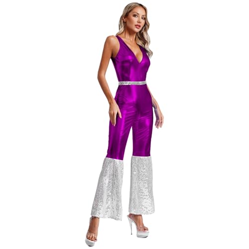 renvena Damen Glänzend Disco Anzug Outfit Tanzkostüm Ärmells Jumpsuit Overall Einteiler Hosenanzug mit V-Ausschnitt Schlaghose Mottoparty Kostüm Violett L von renvena