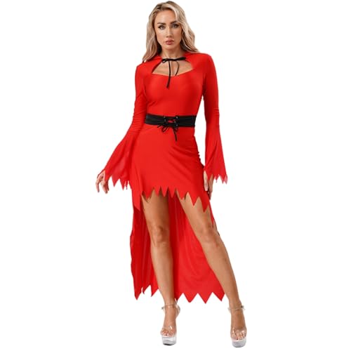 renvena Damen Halloween Teufelin Kleid Satan Teufel Kostüm Lange Maxikleid Vokuhila Kleid mit Kapuze Taliiengürtel Fasching Karneval Cosplay Outfit Rot S renvena Damen Halloween Teufelin Kleid Satan Teufel Kostüm Lange Maxikleid Vokuhila Kleid mit Kapuze Taliiengürtel Fasching Karneval Cosplay Outfit Rot S von renvena