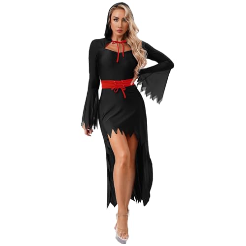 renvena Damen Halloween Teufelin Kleid Satan Teufel Kostüm Lange Maxikleid Vokuhila Kleid mit Kapuze Taliiengürtel Fasching Karneval Cosplay Outfit Schwarz M renvena Damen Halloween Teufelin Kleid Satan Teufel Kostüm Lange Maxikleid Vokuhila Kleid mit Kapuze Taliiengürtel Fasching Karneval Cosplay Outfit Schwarz M von renvena
