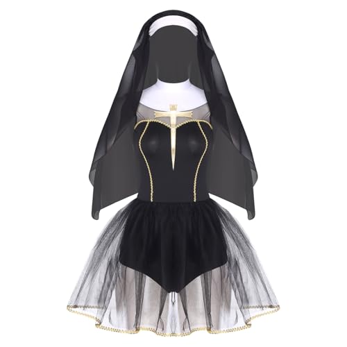 renvena Damen Klosterschwester Nonne Kostüm Tutu Kleid mit Kopf Schleier Halloween Fasching Erwachsene Rollenspiel Outfit Schwarz S renvena Damen Klosterschwester Nonne Kostüm Tutu Kleid mit Kopf Schleier Halloween Fasching Erwachsene Rollenspiel Outfit Schwarz S von renvena