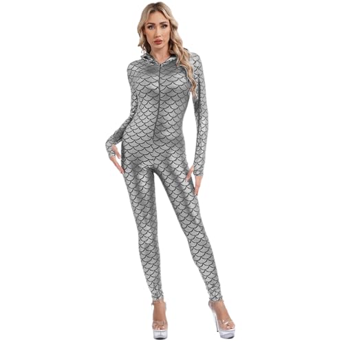 renvena Damen Meerjungfrau Kostüm Erwachsene Halloween Fasching Kostüm Jumpsuit Overall mit Kapuze Glänzend Bodysuit Ganzanzug Silber M von renvena