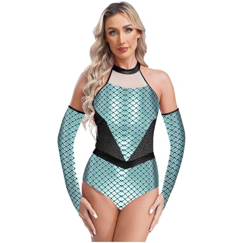 renvena Damen Meerjungfrau Kostüm Glänzend Metallic Bodysuit Ärmellos Body mit Armstulpen Shiny Fasching Karneval Rollenspiel Kostüm Mintgrün S renvena Damen Meerjungfrau Kostüm Glänzend Metallic Bodysuit Ärmellos Body mit Armstulpen Shiny Fasching Karneval Rollenspiel Kostüm Mintgrün S von renvena