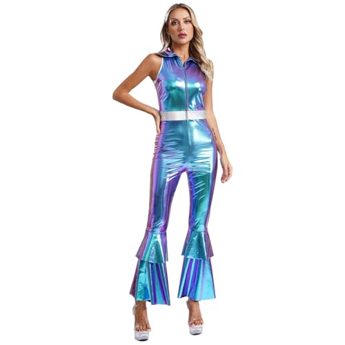 renvena Damen Metallic Jumpsuit Ärmellos Overall Tanzanzug Schlager Body Hippe Kostüm Vintage Disco Outfit Fasching Karneval Blau 3XL von renvena