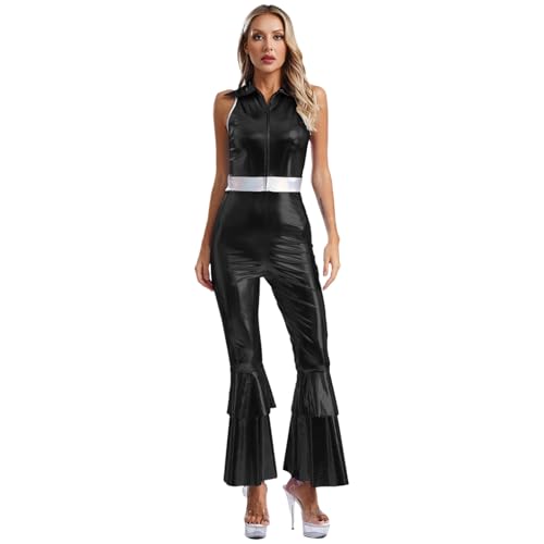 renvena Damen Metallic Jumpsuit Ärmellos Overall Tanzanzug Schlager Body Hippe Kostüm Vintage Disco Outfit Fasching Karneval Schwarz L von renvena