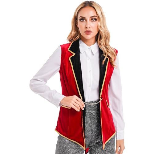 renvena Damen Ringmaster Kostüm Zirkus Direktor Weste Ärmellos Jacke Frack Samt Waistcoat Halloween Karneval Kostüm Rot L von renvena