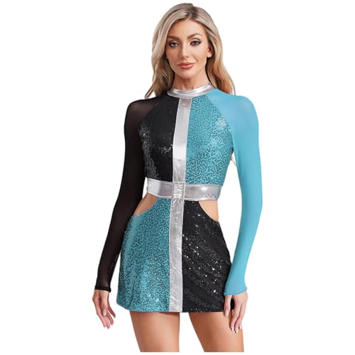 renvena Damen Vintage Hippe Disco Kostüm Langarm Minikleid Pailletten Bodycon Kleid Hollow Out Partykleid Fasching Karneval Kostüm Blau 3XL von renvena