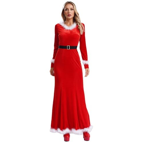 renvena Damen Weihnachtsmann Kostüm Samtkleid Langarm Weihnachtskleid Maxi Lang Bleistiftkleid Weihnachten Karneval Nikolaus Santa Kostüm Rot L von renvena