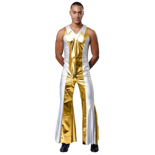 renvena Herren Glänzend Jumpsuit Einteiler Anzug Overall Ärmellos Schlager mit Kontrastfarbe Hippie Disco Outfit Halloween Rave Party Kostüm Gold XL renvena Herren Glänzend Jumpsuit Einteiler Anzug Overall Ärmellos Schlager mit Kontrastfarbe Hippie Disco Outfit Halloween Rave Party Kostüm Gold XL von renvena