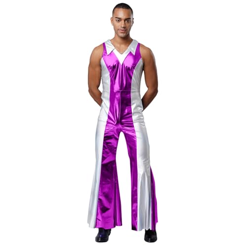 renvena Herren Glänzend Jumpsuit Einteiler Anzug Overall Ärmellos Schlager mit Kontrastfarbe Hippie Disco Outfit Halloween Rave Party Kostüm Violett L renvena Herren Glänzend Jumpsuit Einteiler Anzug Overall Ärmellos Schlager mit Kontrastfarbe Hippie Disco Outfit Halloween Rave Party Kostüm Violett L von renvena