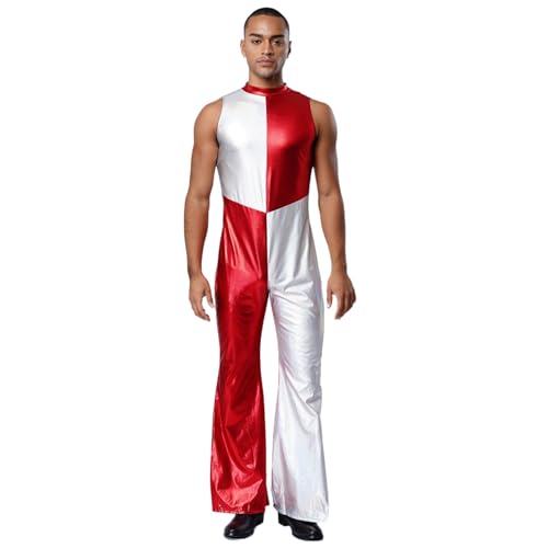 renvena Herren Glänzend Jumpsuit Einteiler Body Ärmellos Farbblock Overall Schlager Hippe Disco Kostüm Halloween Fasching Karneval Rot XL renvena Herren Glänzend Jumpsuit Einteiler Body Ärmellos Farbblock Overall Schlager Hippe Disco Kostüm Halloween Fasching Karneval Rot XL von renvena