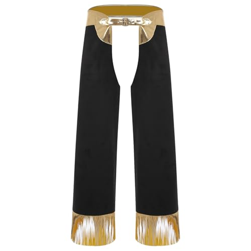 renvena Herren Metallic Cowboyhose Lang Hose Chaps Überzughose mit Quasten Saum Vintage Western Kostüm Fasching Karneval Outfit Gold L renvena Herren Metallic Cowboyhose Lang Hose Chaps Überzughose mit Quasten Saum Vintage Western Kostüm Fasching Karneval Outfit Gold L von renvena