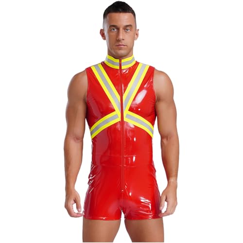 renvena Herren Wetlook Body Einteiler Bodysuit Ärmellos Einteiler Erwachsene Feuerwehr Kostüm Fireman Coslplay Outfit Rot M von renvena