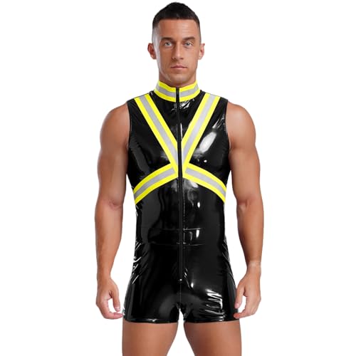 renvena Herren Wetlook Body Einteiler Bodysuit Ärmellos Einteiler Erwachsene Feuerwehr Kostüm Fireman Coslplay Outfit Schwarz XL von renvena