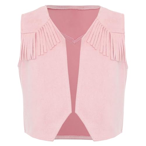 renvena Kinder Mädchen Jungen Cowboy Weste Wildleder Weste Ärmellos Jacke Vorne Offen mit Fransen Halloween Fasching Cosplay Outfit Rosa 170 von renvena