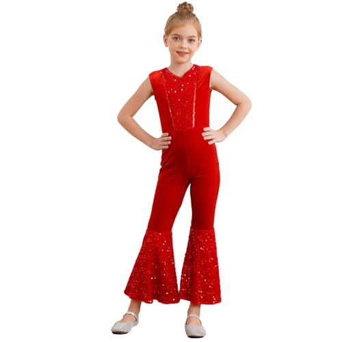 renvena Kinder Teufelin Mädchen Halloween Teufel Kostüm Pailletten Jumpsuit Ärmellos Body mit V-Ausschnitt Mottoparty Verkleidung Karneval Kleidung Rot 110-116 von renvena