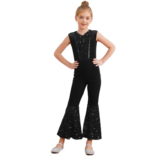 renvena Kinder Teufelin Mädchen Halloween Teufel Kostüm Pailletten Jumpsuit Ärmellos Body mit V-Ausschnitt Mottoparty Verkleidung Karneval Kleidung Schwarz 170 von renvena