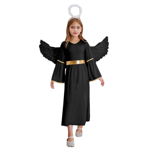 renvena Mädchen Engel Kostüm Halloween Weiß Schwarz Engel Verkleidung Outfit Lang Kleider mit Flügel Heiligenschein Kinder Mottoparty Karneval Kostüm Schwarz 146-152 von renvena