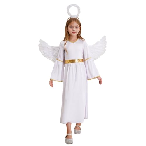 renvena Mädchen Engel Kostüm Halloween Weiß Schwarz Engel Verkleidung Outfit Lang Kleider mit Flügel Heiligenschein Kinder Mottoparty Karneval Kostüm Weiß 158-164 von renvena