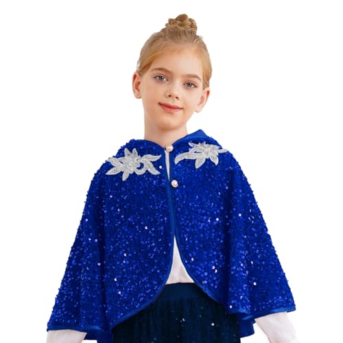 renvena Mädchen Prinzessin Umhang Kurz Cape Kapuzenumhang mit Pailletten Kinder Glitzer Tops Halloween Karneval Weihnachten Oufit Blau 110-116 von renvena