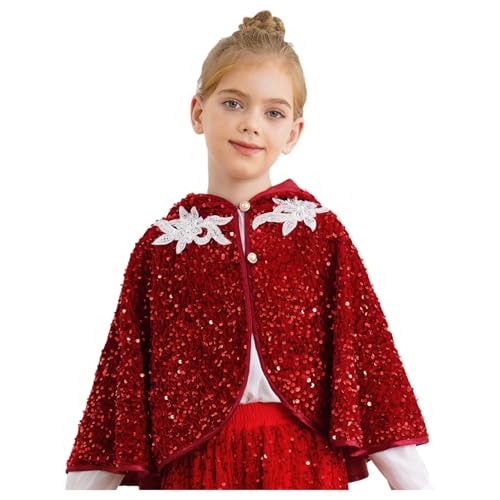 renvena Mädchen Prinzessin Umhang Kurz Cape Kapuzenumhang mit Pailletten Kinder Glitzer Tops Halloween Karneval Weihnachten Oufit Burgundy 110-116 von renvena