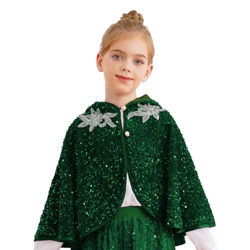 renvena Mädchen Prinzessin Umhang Kurz Cape Kapuzenumhang mit Pailletten Kinder Glitzer Tops Halloween Karneval Weihnachten Oufit Grün 110-116 von renvena