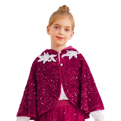 renvena Mädchen Prinzessin Umhang Kurz Cape Kapuzenumhang mit Pailletten Kinder Glitzer Tops Halloween Karneval Weihnachten Oufit Hot Pink 110-116 von renvena